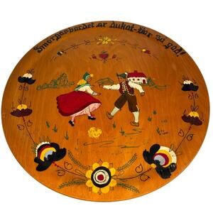 Vintage Scandinavian Folk Art Wooden Hand Painted Dancing Couple Wall Plate 16"